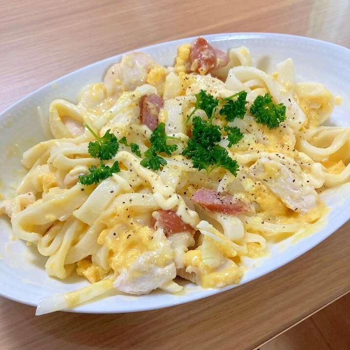 レンジで簡単うどんカルボナーラ